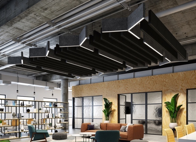 Custom lighting fixtures in an open modern office
