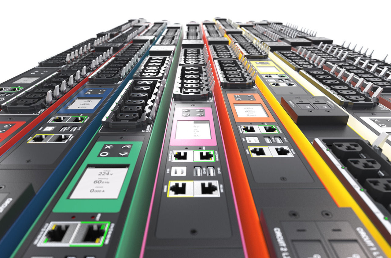 Close up image of four raritan rack PDUs in colors red, green, and yellow