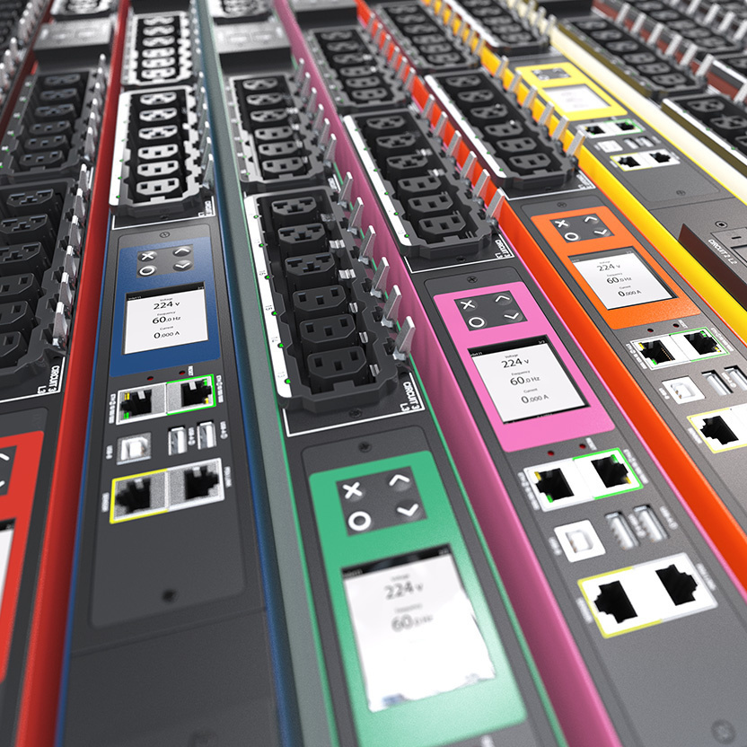 Close up image of four raritan rack PDUs in colors red, green, orange, and yellow