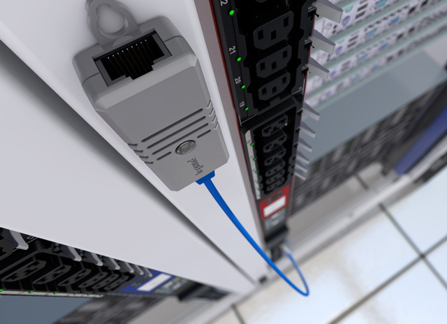T1H1 Temperature and Humidity sensor mounted on data center cabinet and connected to rack PDU
