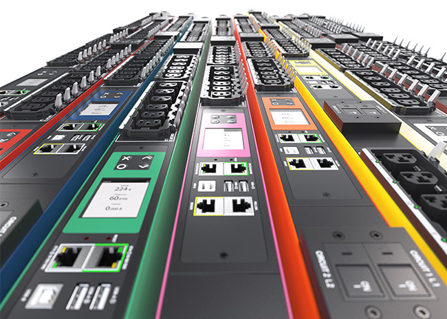 Close up image of four raritan rack PDUs in colors red, green, and yellow