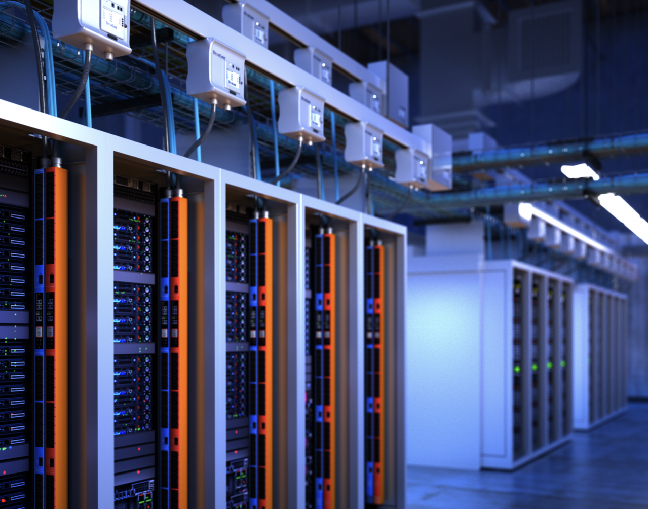 Server racks connecting to busway from ceiling