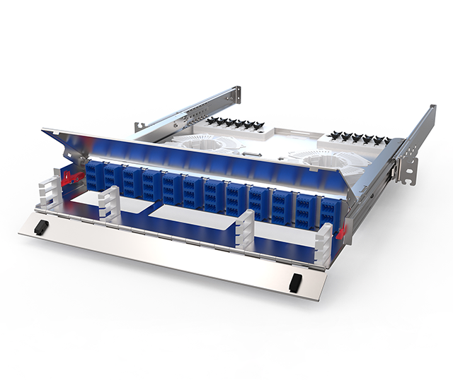 Front side on an infinium access fiber enclosure with blue cables