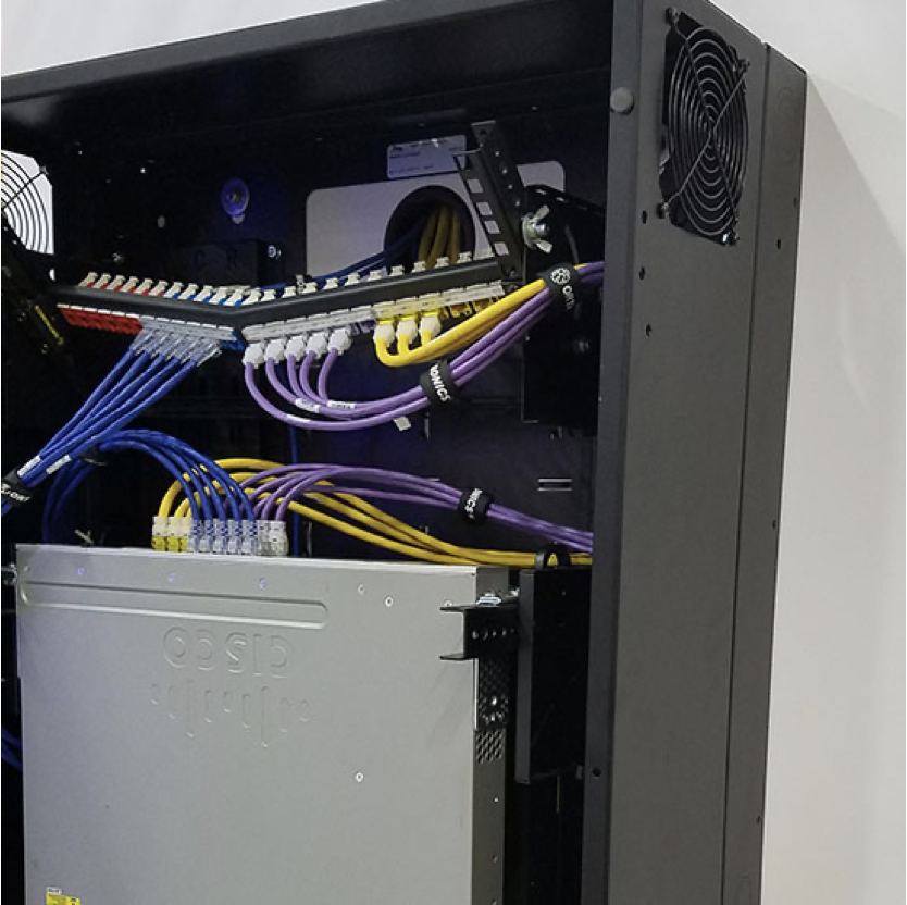 Cabinet with blue and yellow and lavender cable wiring solutions