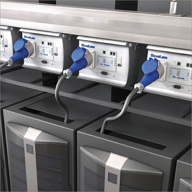 Track busway with three blue plugs inserted