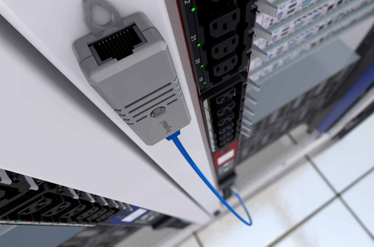 T1H1 Temperature and Humidity sensor mounted on data center cabinet and connected to rack PDU